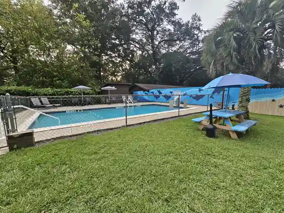 Pool with open umbrellas, picnic tables and palm trees