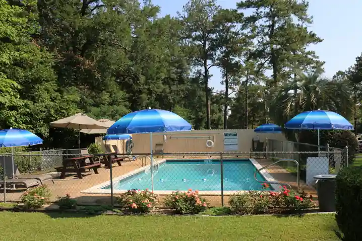 Fenced pool with blue umbrellas and picnic tables under tall pines