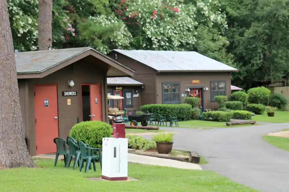 Shower house and RV sites along the gravel road